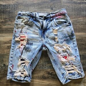 Ripped Denim Shorts with Colorful Splatter